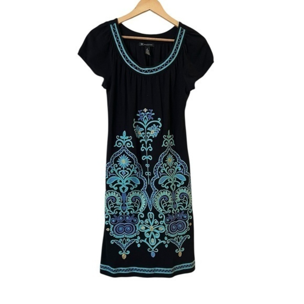INC International Concepts boho embroidered black/multi scoop neck knit dress, M